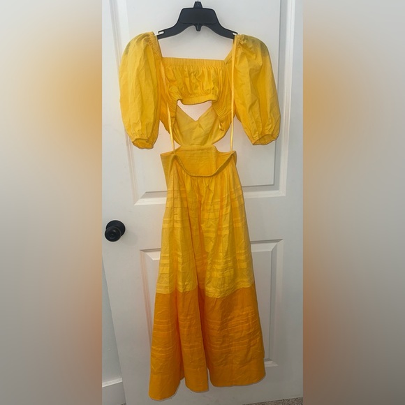 STAUD Carina Gold/Yellow Puff Sleeve Cutout Midi Dress Size XS - Picture 4 of 7